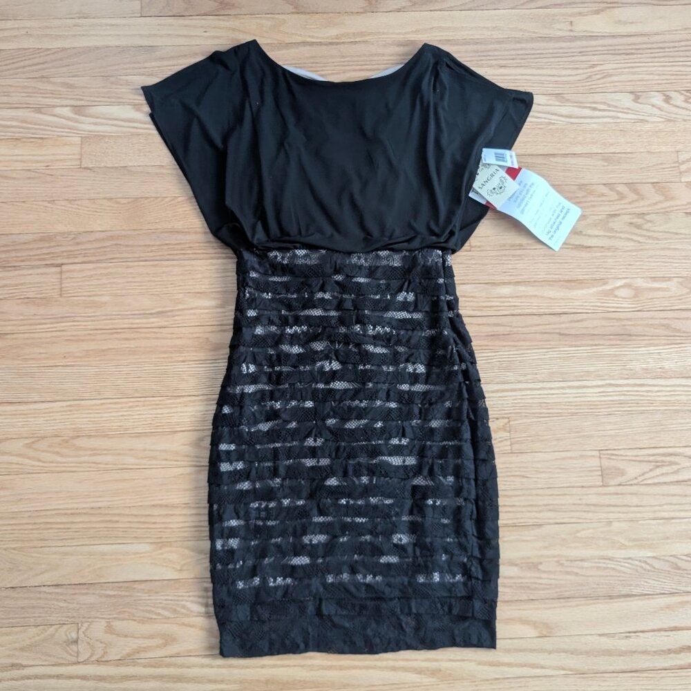 NEW Sangria Black Lace Dress Women's 10 Flowing Split Shoulder Top Fitted bodice